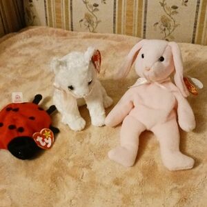 TY Beanie Babies Set - Bunny Hoppity, Fancy Cat, and Ladybug Lucky